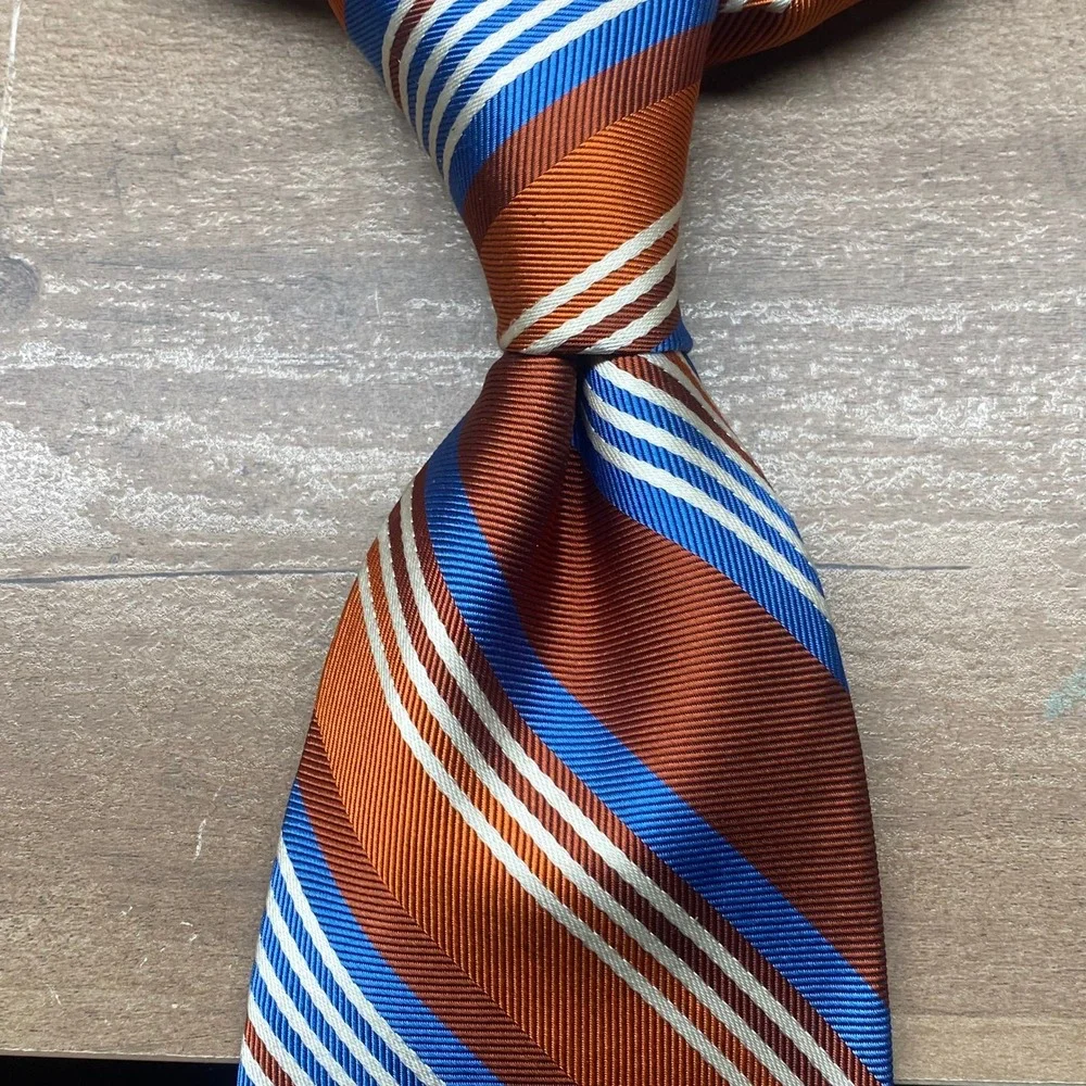 Vintage 1970s Yves Saint Laurent YSL Silk Tie Mens Orange Blue Striped USA NEW